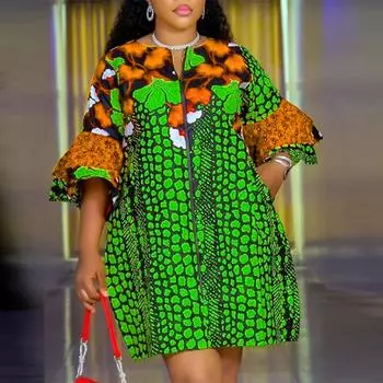 Женское платье больших размеров с круглым вырезом и расклешенным рукавом средней длины 3XL жёлтый