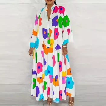 Женское платье больших размеров с воротником-стойкой и длинными рукавами с цветочным принтом и складками M белый