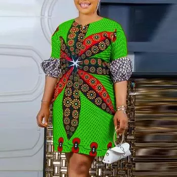 Женское платье больших размеров с круглым вырезом и коротким рукавом с принтом M жёлтый