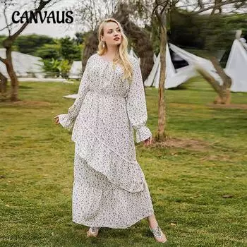 Женское платье больших размеров с асимметричным рукавом-лепестком, удлиненные платья с цветочным принтом на весну и осень 1XL белый