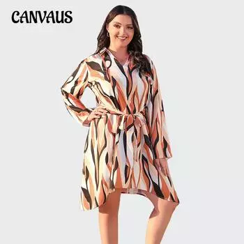 Женское платье больших размеров с нестандартным кроем, с лацканами и поясом, с цветочным принтом, с длинными рукавами, платья-рубашки на весну и осень 1XL