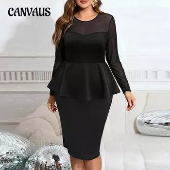 Женское платье больших размеров с сетчатым принтом и длинными рукавами, осеннее платье на бедрах 1XL чёрный