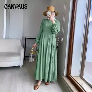 Женское платье больших размеров с осенним мусульманским круглым вырезом и рукавами-фонариками, элегантное и удобное S зелёный