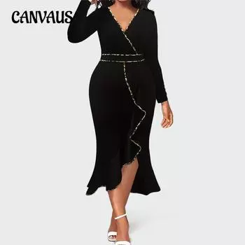 Женское платье больших размеров с длинным рукавом, осеннее, темпераментное, для поездок на работу в пригородах, облегающее, с нерегулярным V-образным вырезом, средней длины 1XL