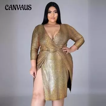 Женское платье больших размеров с V-образным вырезом и полосками, длинное платье, короткие платья XL золотой