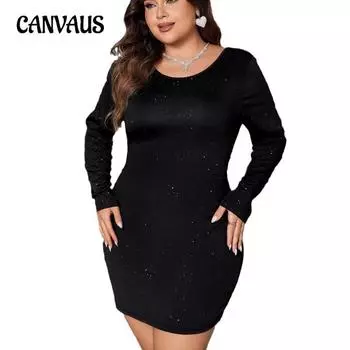 Женское платье больших размеров с бантом на спине, длинным рукавом, тонкой вставкой и юбкой на бедрах XL чёрный