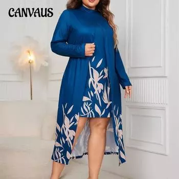 Женское платье больших размеров с модным принтом из двух частей, с высоким воротом и длинными рукавами, асимметричное 1XL синий