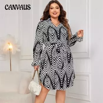 Женское платье больших размеров с принтом, шнуровкой, высокой талией, длинным рукавом и V-образным вырезом 1XL чёрный