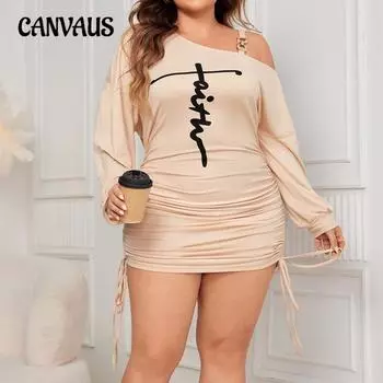 Женское платье больших размеров с открытыми плечами, длинными рукавами, драпировкой на бедрах и принтом на завязках 1XL абрикосовый