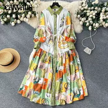 Женское платье больших размеров с длинными юбками, элегантное, с лацканами, рукавами-фонариками, принтом и завязками на талии M зелёный