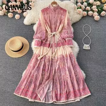 Женское платье больших размеров с длинными юбками и воротником-стойкой, нового дизайна Sense Small Niche, с принтом в виде рукава-фонарика S красный