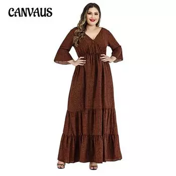 Женское платье больших размеров с леопардовым принтом, V-образным вырезом и расклешенными рукавами XL коричневый