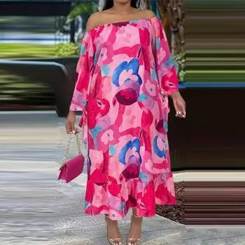 Женское платье больших размеров с открытыми плечами и длинными рукавами с принтом M темно-розовый