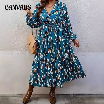 Женское платье больших размеров с цветочным принтом и V-образным вырезом, приталенные платья с длинным рукавом 0XL синий