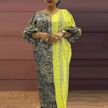 Женское платье больших размеров с круглым вырезом и длинным рукавом с цветочным принтом и кружевом S жёлтый