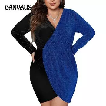 Женское платье больших размеров с V-образным вырезом и длинным рукавом, новое сексуальное платье с длинной юбкой XL синий