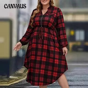 Женское платье больших размеров с клетчатым принтом, повседневное платье с длинным рукавом и V-образным вырезом на молнии L