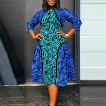 Женское платье больших размеров с круглым вырезом и длинными рукавами с принтом M синий