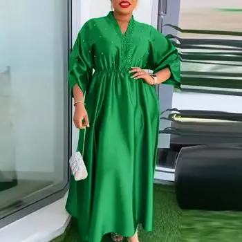 Женское платье больших размеров с V-образным вырезом и длинными рукавами, однотонное, с бисером M зелёный