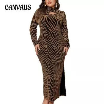 Женское платье больших размеров с пайетками и длинными рукавами и разрезом XL хаки