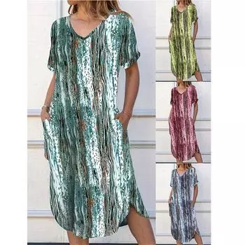 Женское платье больших размеров с V-образным вырезом, повседневное повседневное винтажное свободное платье с коротким рукавом S зелёный