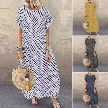 Женское платье больших размеров с принтом в горошек в стиле бохо, платье макси для отпуска с круглым вырезом, короткими рукавами и карманами, пляжное платье для путешествий XL чёрный