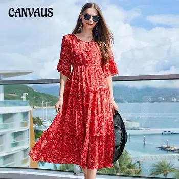 Женское платье больших размеров с цветочными рукавами-трубами и талией, утягивающее платье с баской средней длины M красный
