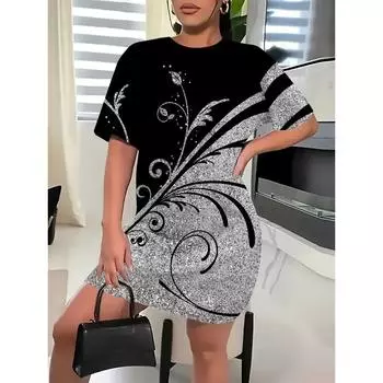 Женское платье больших размеров с 3D-принтом и цветочным принтом в горошек, с короткими рукавами, слегка эластичная трикотажная ткань, всесезонная мода XS