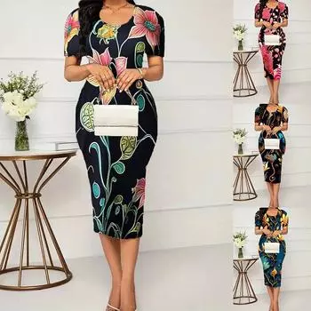 Женское платье больших размеров с короткими рукавами и круглым вырезом, элегантное облегающее платье миди 4XL чёрный