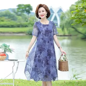 Женское платье больших размеров с коротким рукавом и круглым вырезом с цветочным принтом, летнее платье из газовой ткани 4XL синий