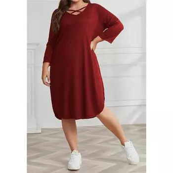 Женское платье больших размеров с длинными рукавами и V-образным вырезом, повседневное свободное платье длиной до колена 4XL чёрный