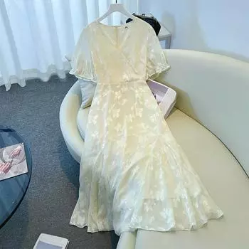 Женское платье больших размеров с жаккардовым узором, V-образным вырезом и затягивающейся талией. Новый летний стиль. 2XL