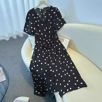 Женское платье больших размеров с V-образным вырезом, короткими рукавами и горошком в плиссированном летнем стиле 2XL