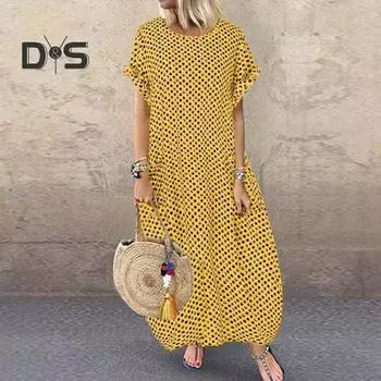 Женское платье больших размеров с принтом в горошек в стиле бохо, платье макси для отпуска с круглым вырезом, короткими рукавами и карманами, пляжное платье для путешествий XL белый