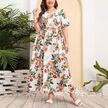Женское платье больших размеров с цветочным принтом, свободное платье с V-образным вырезом и короткими рукавами, эластичное платье на талии, элегантное повседневное платье в винтажном стиле M белый