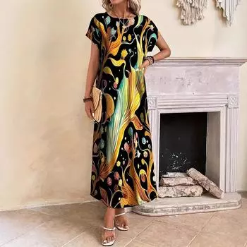 Женское платье больших размеров с короткими рукавами и круглым вырезом, с принтом, свободное и элегантное длинное платье 4XL розовый