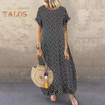 Женское платье больших размеров с принтом в горошек в стиле бохо, платье макси для отпуска с круглым вырезом, короткими рукавами и карманами, пляжное платье для путешествий XXXXL темно-синий