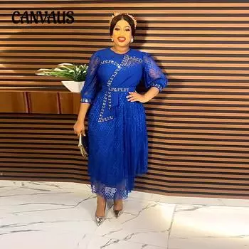 Женское платье больших размеров, сетчатые платья со стразами и высокой талией L синий