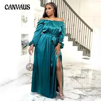 Женское платье больших размеров, сексуальное, с завязками на одно плечо, с широким подолом и рукавами-фонариками 1XL золотой