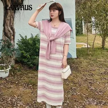 Женское платье больших размеров, стареющее платье с шалью в студенческом стиле, весенне-осенние вязаные платья в полоску XL чёрный