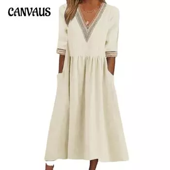 Женское платье больших размеров, свободные хлопковые льняные платья миди с кружевным вырезом и воротником
