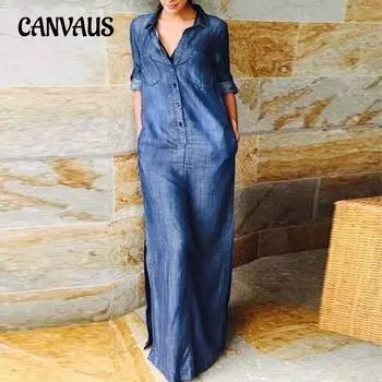 Женское платье больших размеров, темпераментное, элегантное, модное, нейтрального стиля, кардиган с длинными рукавами и лацканами, однотонные длинные джинсовые платья S синий