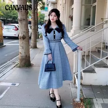 Женское платье больших размеров в винтажном стиле с небольшим ароматом и талией Advanced Sense of New Autumn 2XL синий