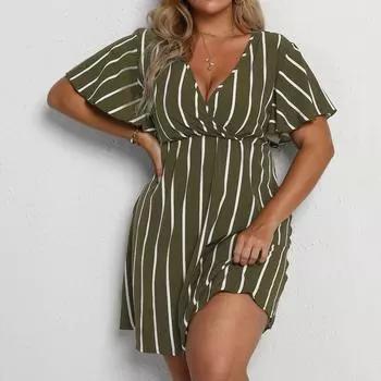 Женское платье больших размеров в полоску с V-образным вырезом и короткими рукавами, свободное повседневное богемное платье с талией XL розовый