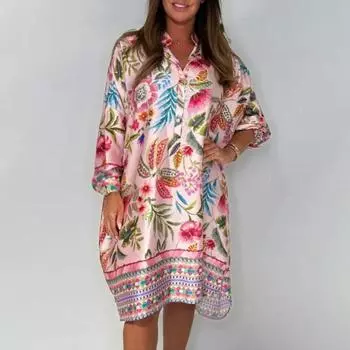 Женское платье больших размеров в стиле бохо с цветочным принтом, короткими рукавами, застежкой на пуговицы, V-образным вырезом, летнее повседневное платье-рубашка длиной до колена S зелёный