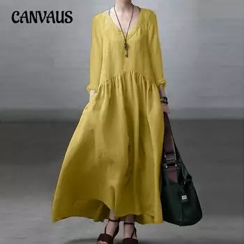 Женское платье больших размеров, весенне-осеннее модное элегантное повседневное однотонное свободное длинное платье с длинными рукавами и v-образным вырезом