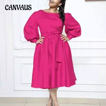 Женское платье больших размеров, весенне-осеннее платье трапециевидной формы с длинным рукавом и круглым вырезом, однотонное платье S жёлтый