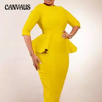 Женское платье больших размеров, весенне-осеннее однотонное платье с круглым вырезом и оборками, профессиональные платья на бедрах S жёлтый