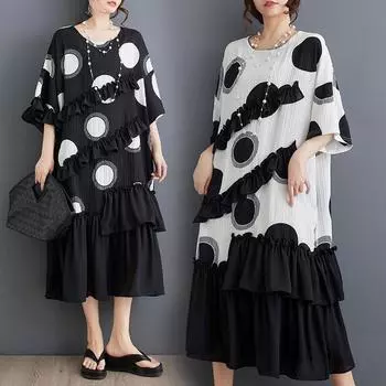 Женское платье больших размеров весна-лето в стиле оверсайз с шифоновым элегантным принтом черное длинное платье свободное женское платье One Size белый