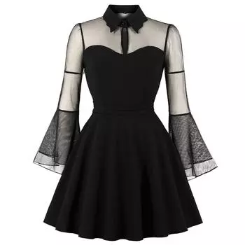 Женское платье больших размеров, винтажное прозрачное платье с развевающимися рукавами, вырезом сердечком, миди, фигуристка, готическая Лолита, фестиваль, вечерняя коктейльная одежда для вечеринок, наряд для особых случаев 1XL чёрный